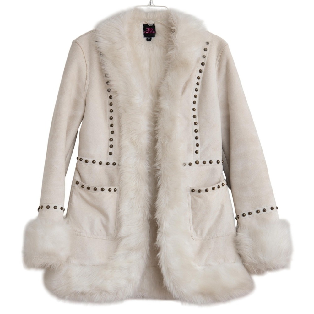 Y2K Faux Suede & Fur Trim 90s Penny Lane Afghan Coat Studded Boho Chic Bratz
